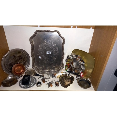 442 - A selection of silver plate etc including leaf dish, bottle stoppers etc