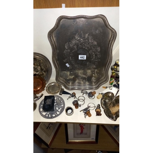 442 - A selection of silver plate etc including leaf dish, bottle stoppers etc