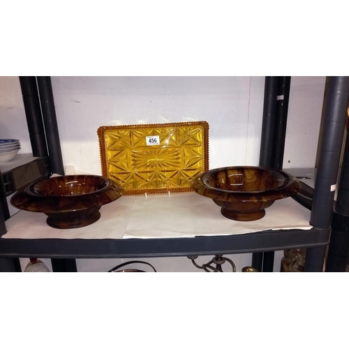 456 - 2 art deco smoked amber glass bowls and a trinket tray