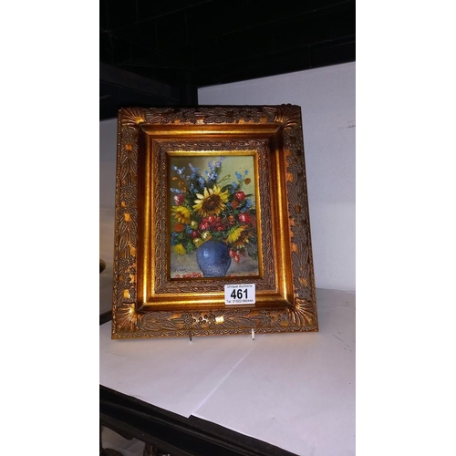 461 - A gilt framed oil on board of still life vase of flowers image 11cm x 16cm, frame 30.5cm x 25.5cm