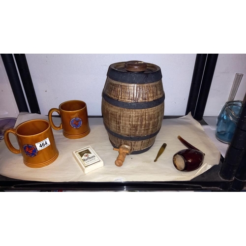 464 - A vintage stoneware barrel, large pottery pipe, 2 Manikin cigar tankards etc