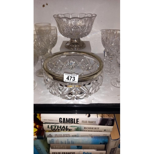 473 - A mixed lot of glass bowls including silver plate rimmed example, wine glasses etc., COLLECT ONLY.