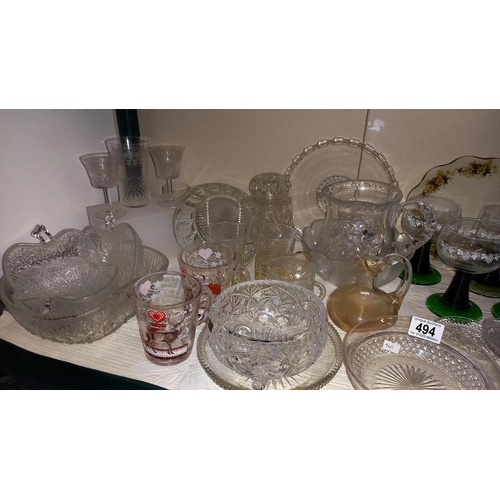 494 - A selection of glass ware including jelly mould, wine glasses etc