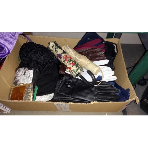 495 - 2 boxes of men's and ladies scarves, gloves, hats, purses etc