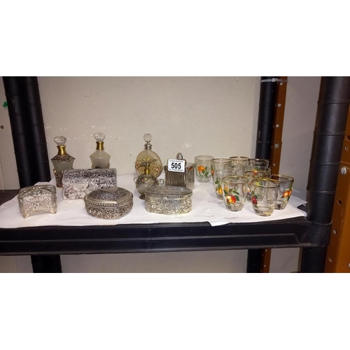 505 - A quantity of jewellery trinket boxes, perfume bottles and vintage glasses