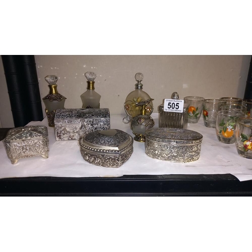 505 - A quantity of jewellery trinket boxes, perfume bottles and vintage glasses