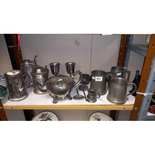 511 - A quantity of pewter tankards, teapot, beer stein etc