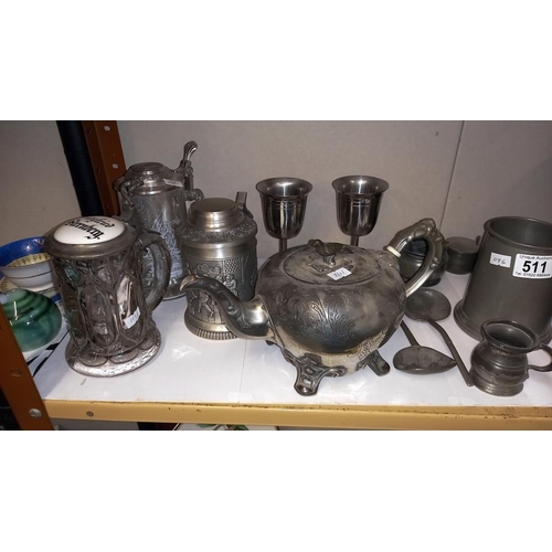 511 - A quantity of pewter tankards, teapot, beer stein etc