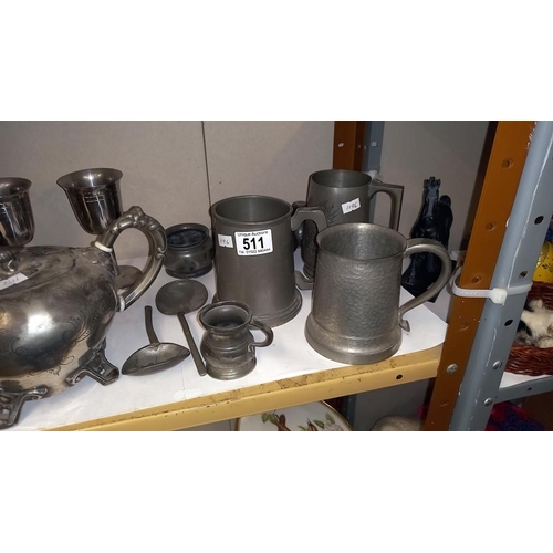 511 - A quantity of pewter tankards, teapot, beer stein etc