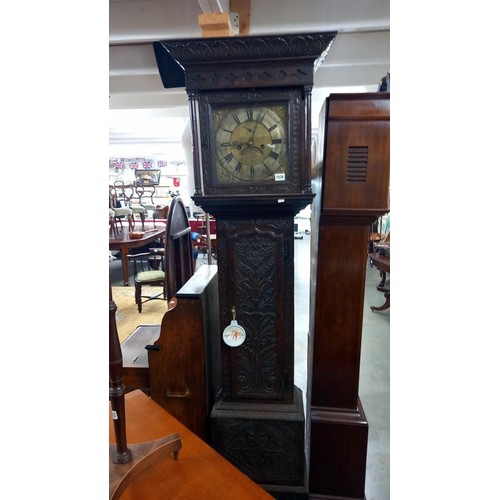 1526 - A good carved oak Grandfather clock with brass dial, COLLECT ONLY.