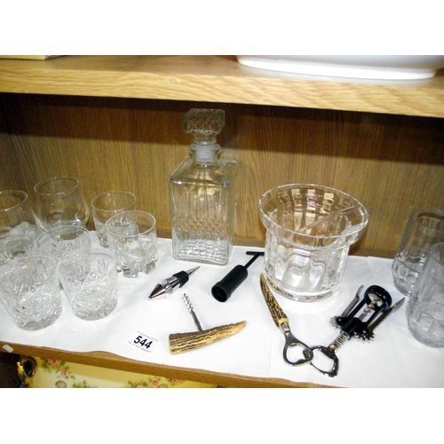 544 - A decanter, glass ice bucket and quantity of glasses and bottle openers etc COLLECT ONLY