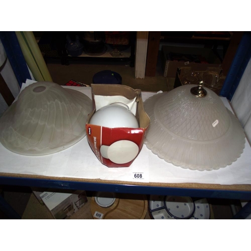 608 - 2 large glass lamp shades and a boxed opal glass sphere bathroom light COLLECT ONLY