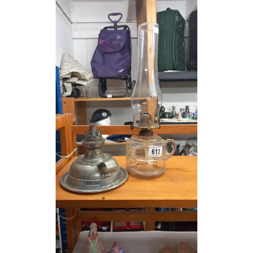 613 - 2 vintage finger oil lamps, 1 glass with chimney and 1 chrome plated by Veritas, no chimney