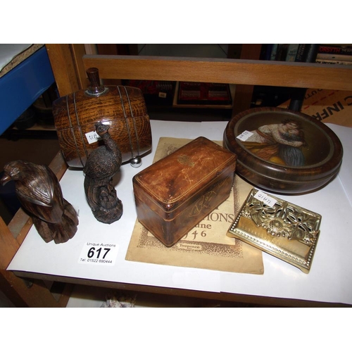 617 - A mixed lot of wooden items, brass stamp box etc