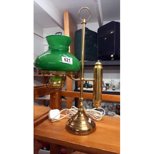 621 - A brass student lamp with green glass shade