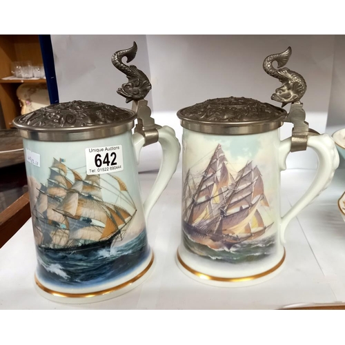 642 - 2 Franklin porcelain pewter lidded steins, 'Greyhounds of the sea' and 'The China Clipper'