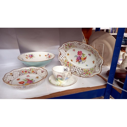 643 - 2 German lace edged dishes, a Minton bowl and a Shelley teacup and saucer