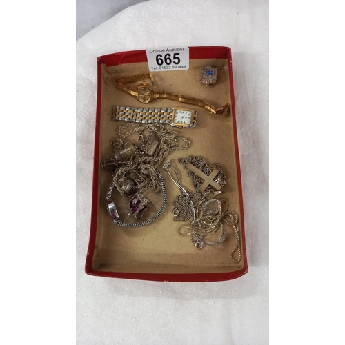 665 - A mixed lot of white metal jewellery/charms including some silver and ladies wristwatches