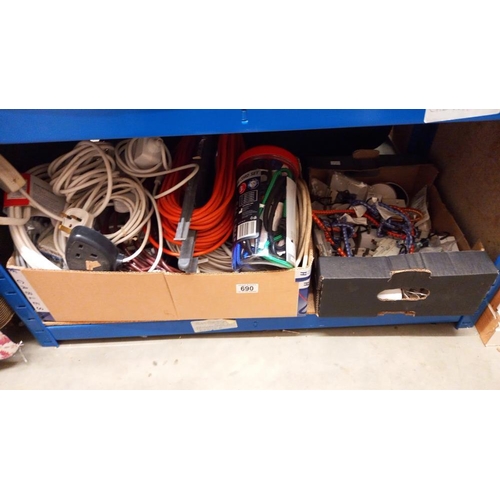 690 - A quantity of extension leads, adapters, box of bungee cords etc