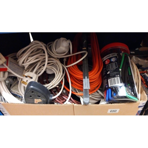 690 - A quantity of extension leads, adapters, box of bungee cords etc