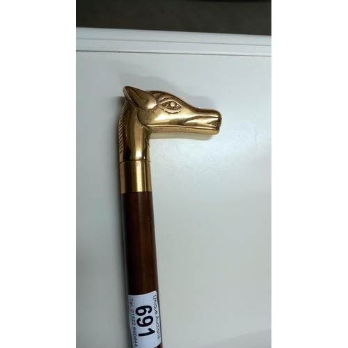 691 - 2 collapsible/folding walking sticks with brass horses head, (1 still in box)