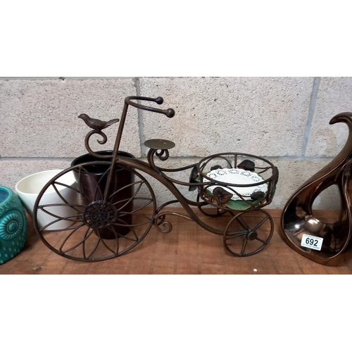 692 - Wrought iron tricycle planter and quantity of other planters COLLECT ONLY