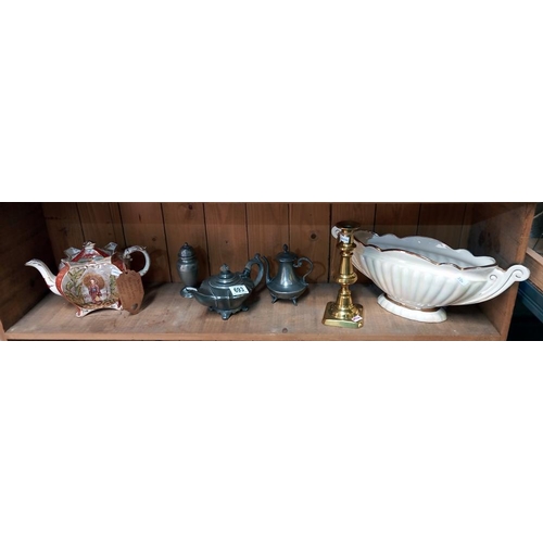 693 - A pewter teapot etc, plus Victorian candlestick, Burleigh ware teapot (teapot a/f)