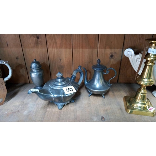 693 - A pewter teapot etc, plus Victorian candlestick, Burleigh ware teapot (teapot a/f)