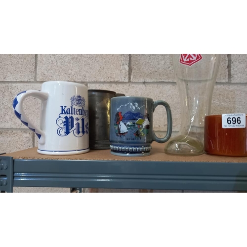 696 - A frog mug, beer tankards & steins, large Haake-beck glass boot etc. COLLECT ONLY