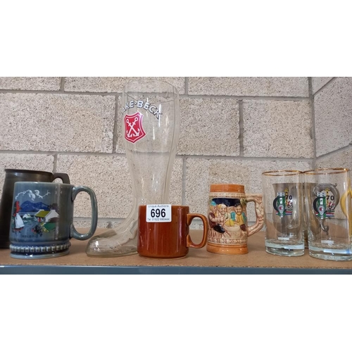 696 - A frog mug, beer tankards & steins, large Haake-beck glass boot etc. COLLECT ONLY