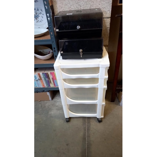 703 - 2 plastic file storage boxes and a storage chest of drawers COLLECT ONLY