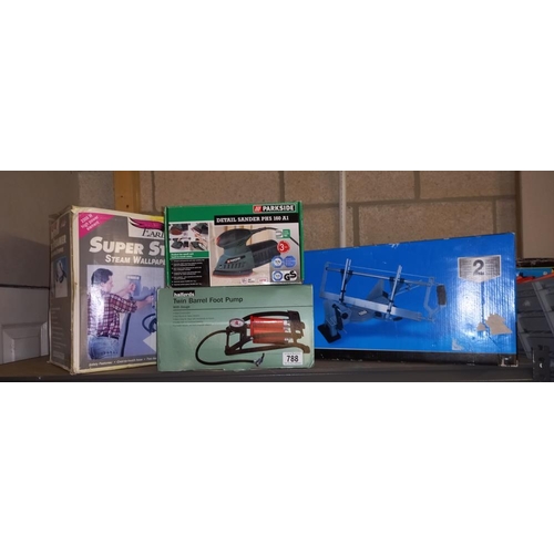 788 - A boxed Parkside detail sander, mitre saw, foot pump & wallpaper stripper COLLECT ONLY