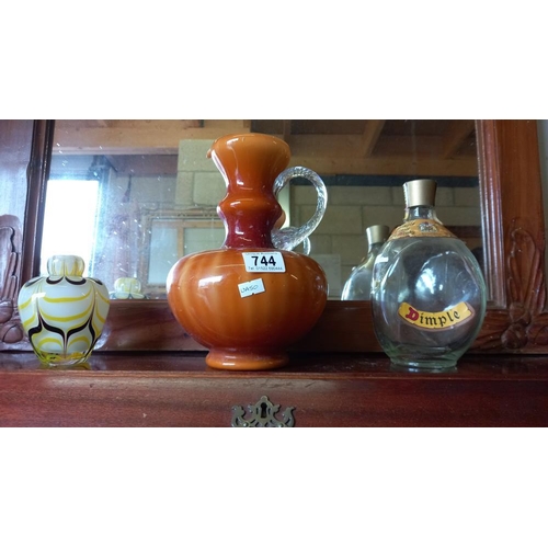 744 - A studio glass jug, a specimen vase & a Dimple bottle