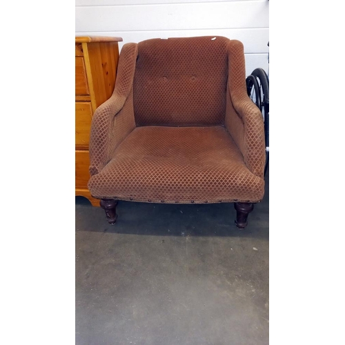 865 - A 1930's brown fabric armchair COLLECT ONLY