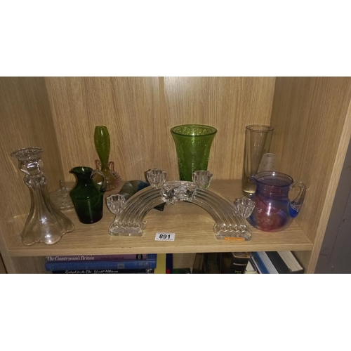 891 - A quantity of art glass, other glass & glass 4 feet candle holder etc.