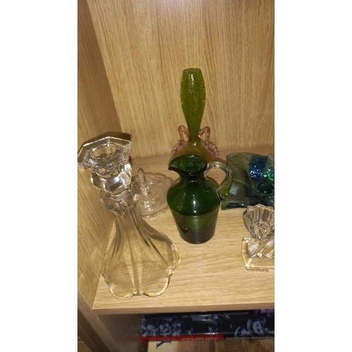 891 - A quantity of art glass, other glass & glass 4 feet candle holder etc.