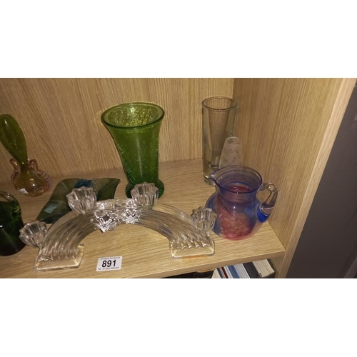 891 - A quantity of art glass, other glass & glass 4 feet candle holder etc.