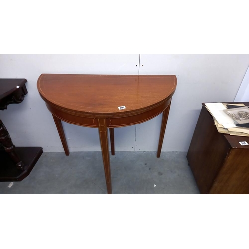 899 - A mahogany 'D' end table with string inlay and tapered legs COLLECT ONLY