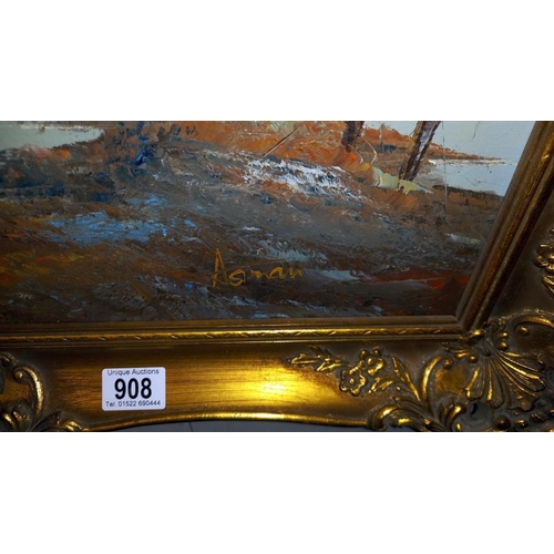 908 - A gilt framed painting on board of sailing boats on water next to boat house COLLECT ONLY