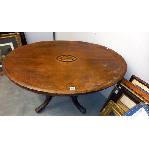 913 - A Victorian oval inlaid mahogany tip up tea table COLLECT ONLY