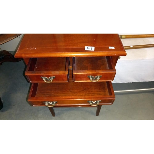 945 - A mahogany side table with 3 drawers and string inlay top 45cm x 35cm x height 75cm COLLECT ONLY