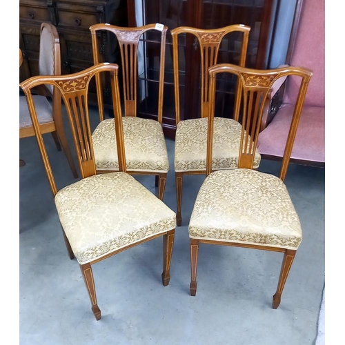 954 - A set of 4 Edwardian inlaid dining chairs, all chairs wobble and need attention COLLECT ONLY