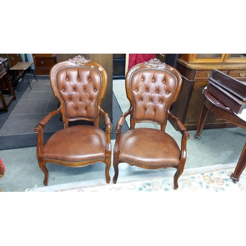 958 - A pair of brown leather deep buttoned carver chairs COLLECT ONLY