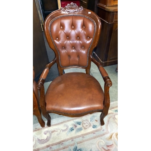 958 - A pair of brown leather deep buttoned carver chairs COLLECT ONLY