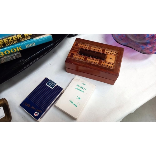 6 - An early mahogany boxed Bezique card game with inlaid folding cribbage board, cards, tin dominoes an... 