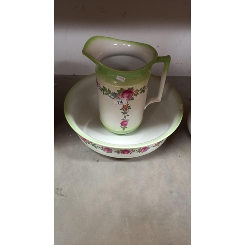 74 - An Edwardian floral bathroom jug and bowl and a stoneware wash basin and a white jug COLLECT ONLY