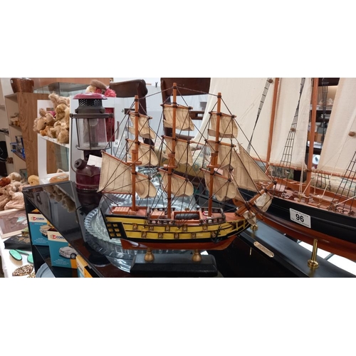 96 - A detailed wooden model of a sailing ship titled 'Atlantic' on stand, Length 82cm, height 68cm & 1 o... 