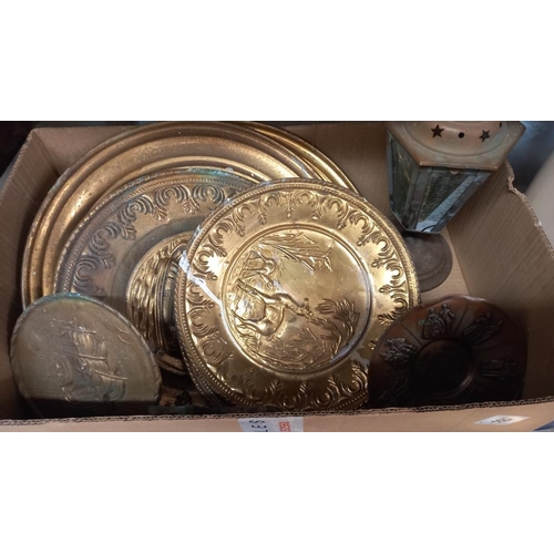 99 - A box of brass plates, lamp & door knocker COLLECT ONLY