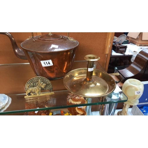 114 - A copper kettle, Victorian chamber stick and letter holder