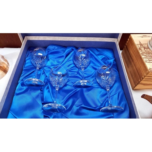 121 - A box set of Edinburgh crystal wine glasses, boxed Stuart crystal bowl and 2 cased sets of cutlery